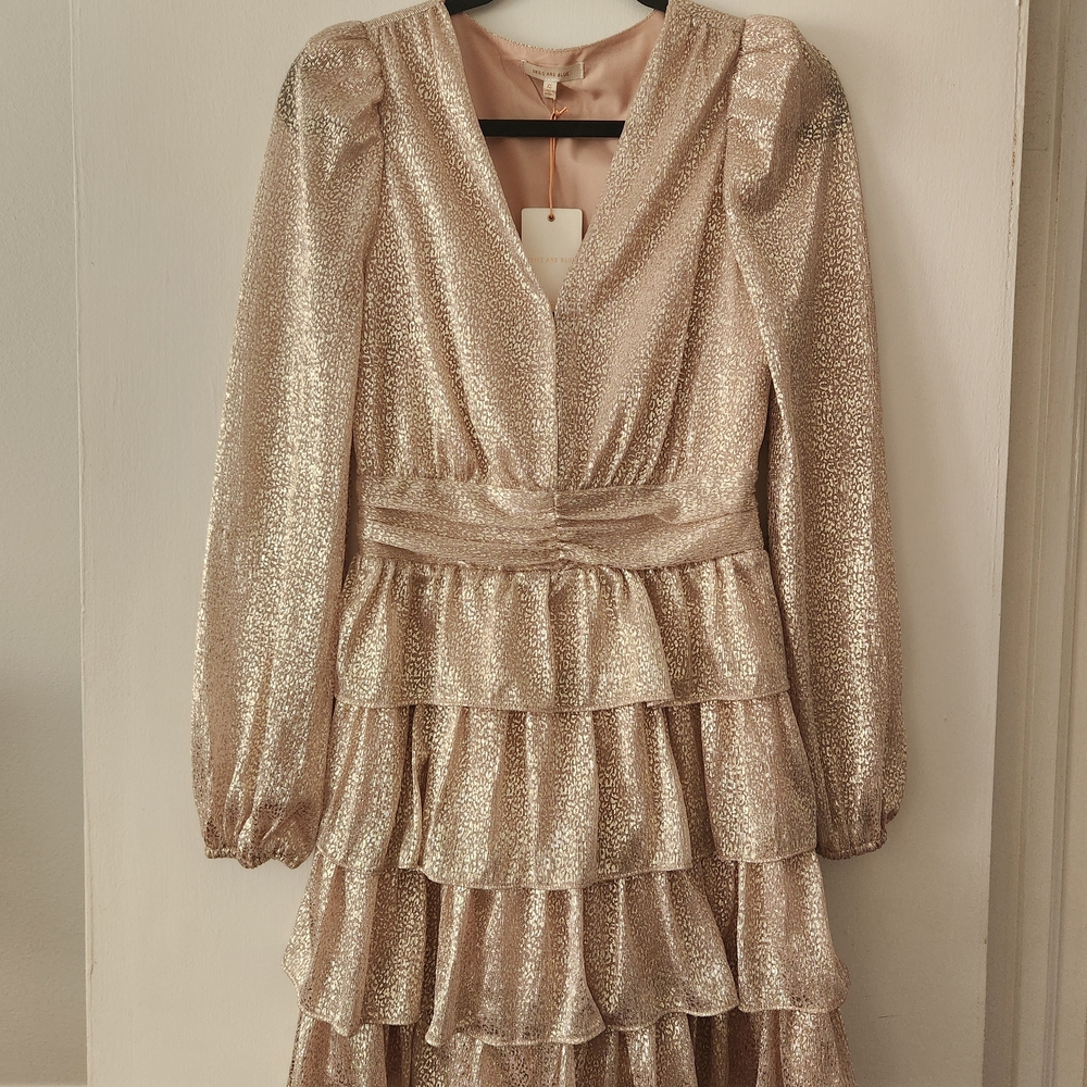 Skies Are Blue Shimmering Gold Tiered Mini Dress